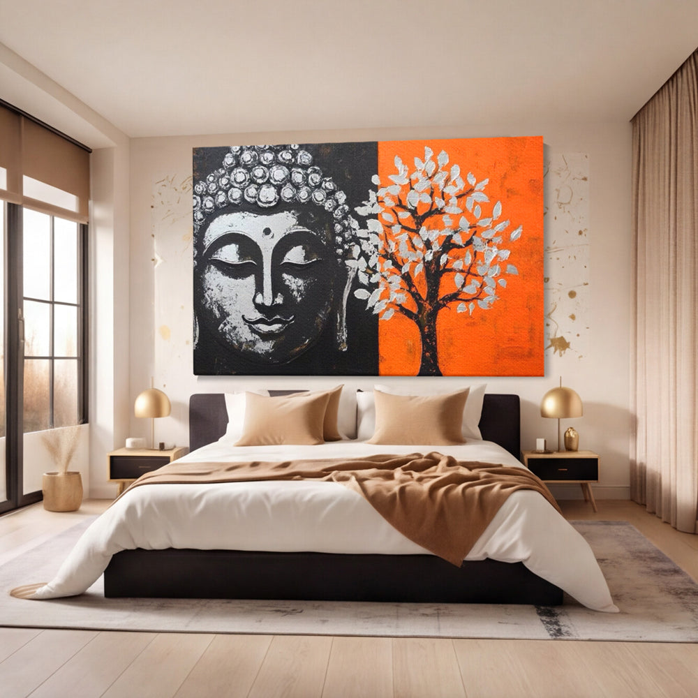 Tablou canvas cu tablou canvas cu capul lui buddha si un copac, fara rama, pe sasiu de lemn, pe perete intr-un dormitor